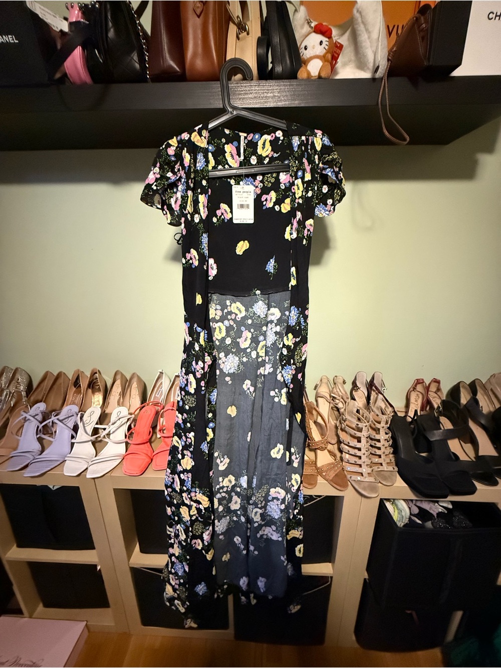 Free People Black Maxi Dress with Yellow, Pink & Blue Floral Print